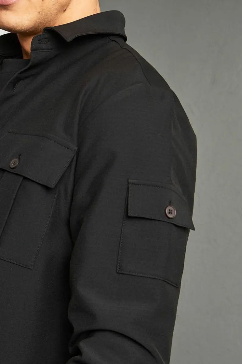Shop boohooMAN Long Sleeve 4 Way Stretch Fit Overshirt black