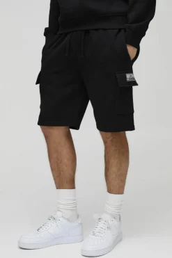 Cheap boohooMAN Loose Fit Mid Length BM Signature Label Cargo Shorts black