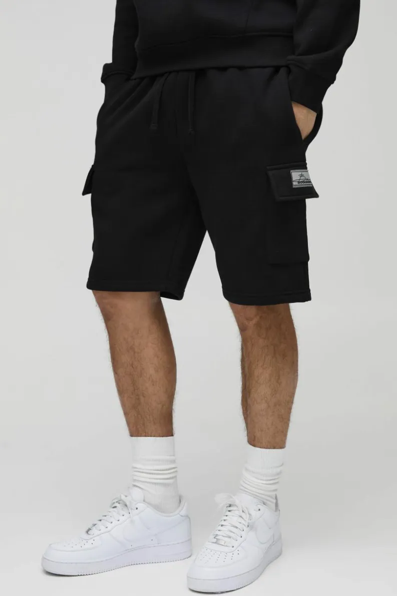Cheap boohooMAN Loose Fit Mid Length BM Signature Label Cargo Shorts black