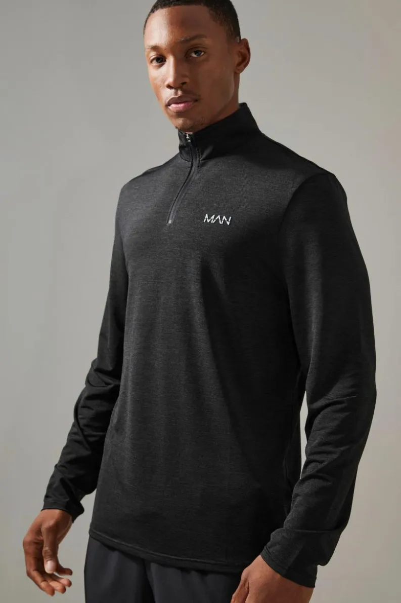 Store boohooMAN Man Active Breathable Marl 1/4 Zip Top black