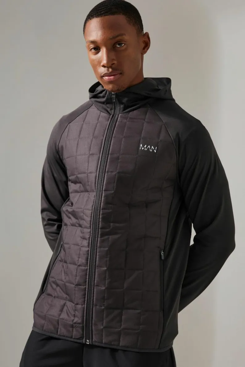 Cheap boohooMAN Man Active Check Quilted Zip Through Hoodie charcoal
