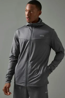 Online boohooMAN Man Active Fleece Back Performance Slim Fit Zip Through Hoodie charcoal