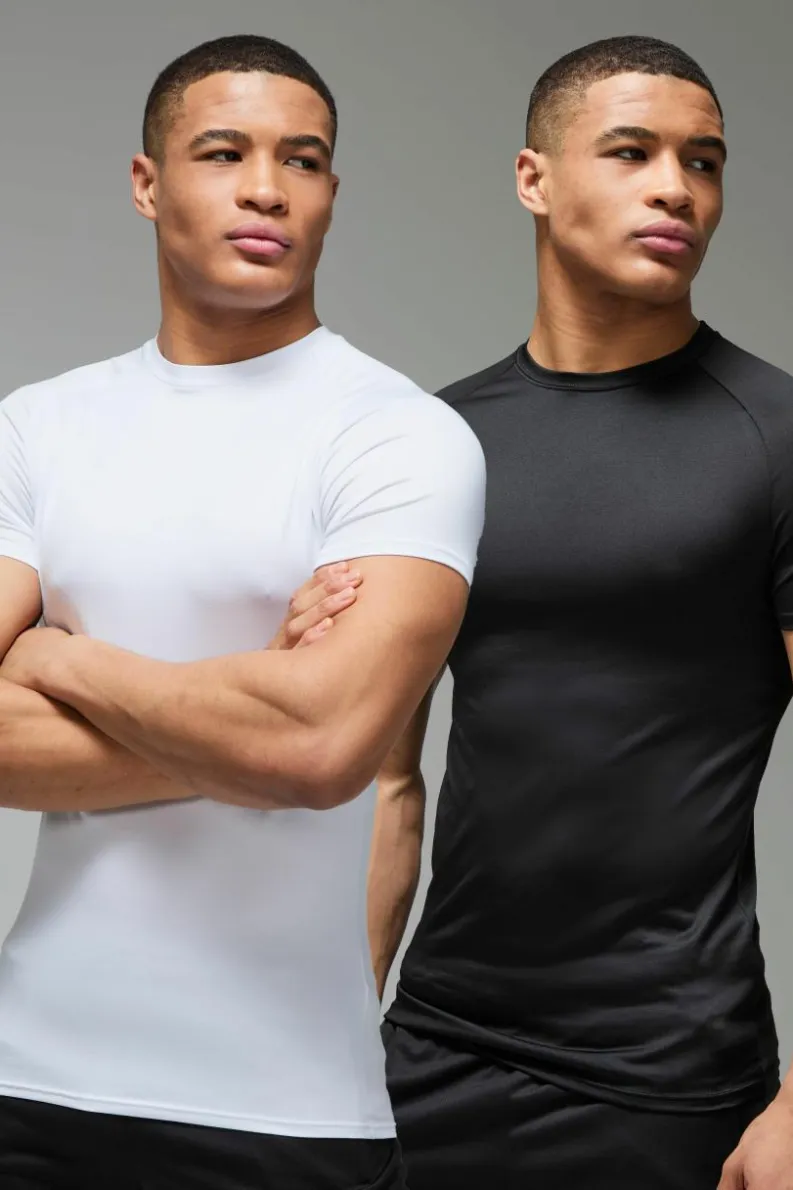 Sale boohooMAN Man Active Lightweight Essentials Gym Muscle Fit Raglan T-shirt 2 Pack multi