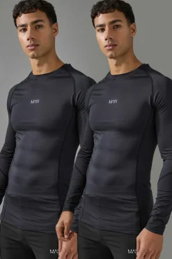 Online boohooMAN Man Active Long Sleeve Base Layer T-shirt 2 Pack black