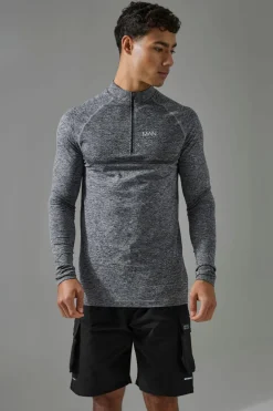 Best boohooMAN Man Active Muscle Fit Seamless Marl 1/4 Zip charcoal