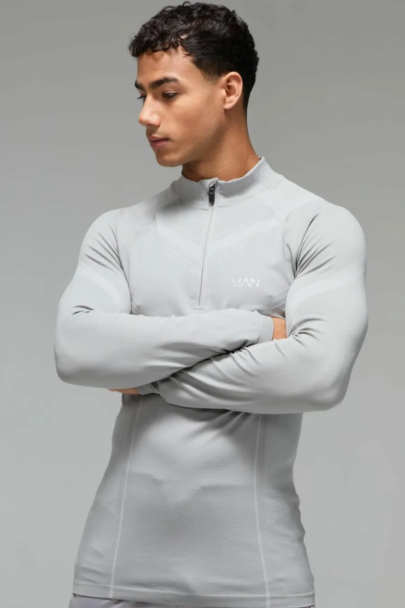 Cheap boohooMAN Man Active Seamless Muscle Fit 1/4 Zip Top grey