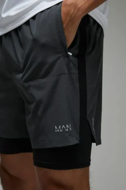 Best Sale boohooMAN Man Active Stretch 2 in 1 5inch Grid Short charcoal
