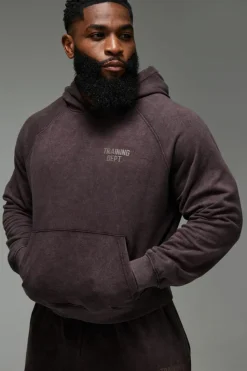 Shop boohooMAN Man Active Training Dept. Boxy Washed Hoodie chocolate