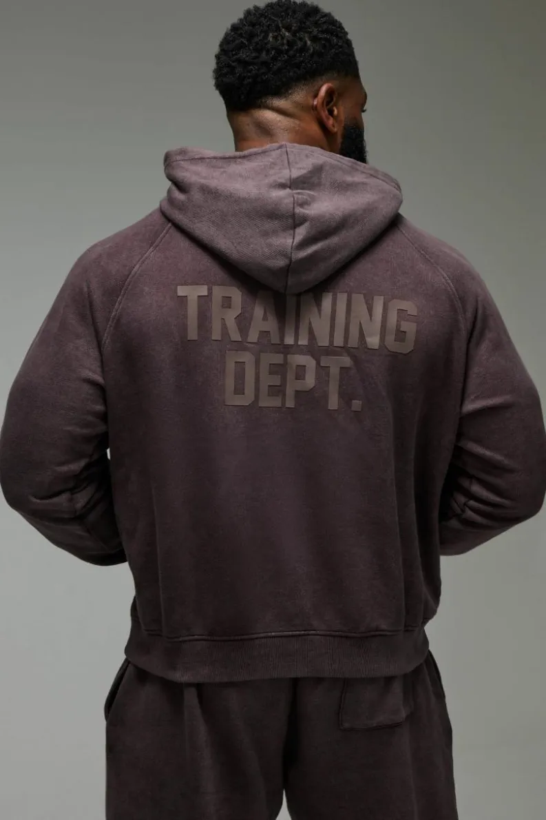 Shop boohooMAN Man Active Training Dept. Boxy Washed Hoodie chocolate