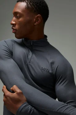 Hot boohooMAN Man Active Waffle Texture Muscle Fit 1/4 Zip charcoal