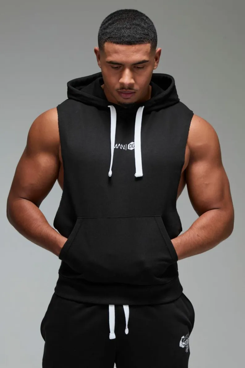 Shop boohooMAN Man Active X OG Gym Oversized Sleeveless Hoodie black