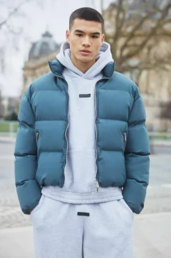 Online boohooMAN Man Boxy Fit Funnel Neck Puffer Coat In slate