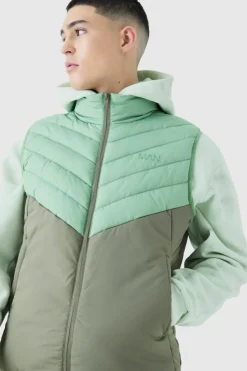 Discount boohooMAN Man Colour Block Quilted Funnel Neck Gilet khaki