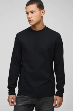 Fashion boohooMAN Man Embroidered Long Sleeve Waffle T-Shirt black