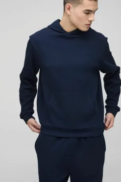 Clearance boohooMAN Man Embroidered Waffle Hooded Tracksuit navy