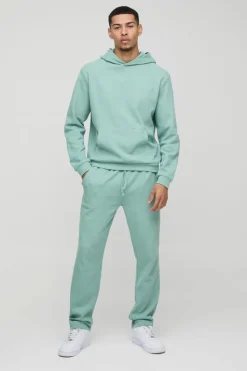 Shop boohooMAN Man Embroidered Waffle Hooded Tracksuit dusty green