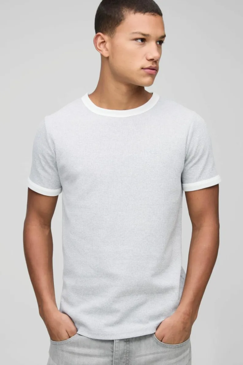 Discount boohooMAN Man Embroidered Waffle Ringer T-Shirt grey