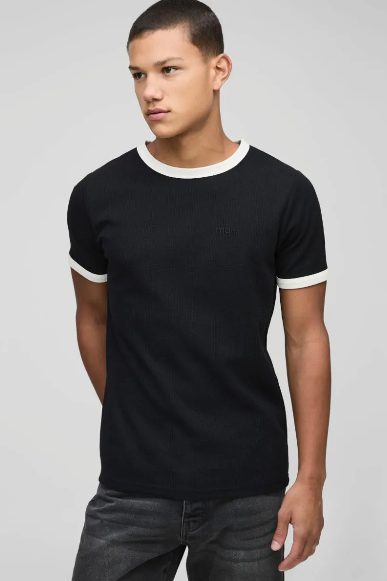 New boohooMAN Man Embroidered Waffle Ringer T-Shirt black