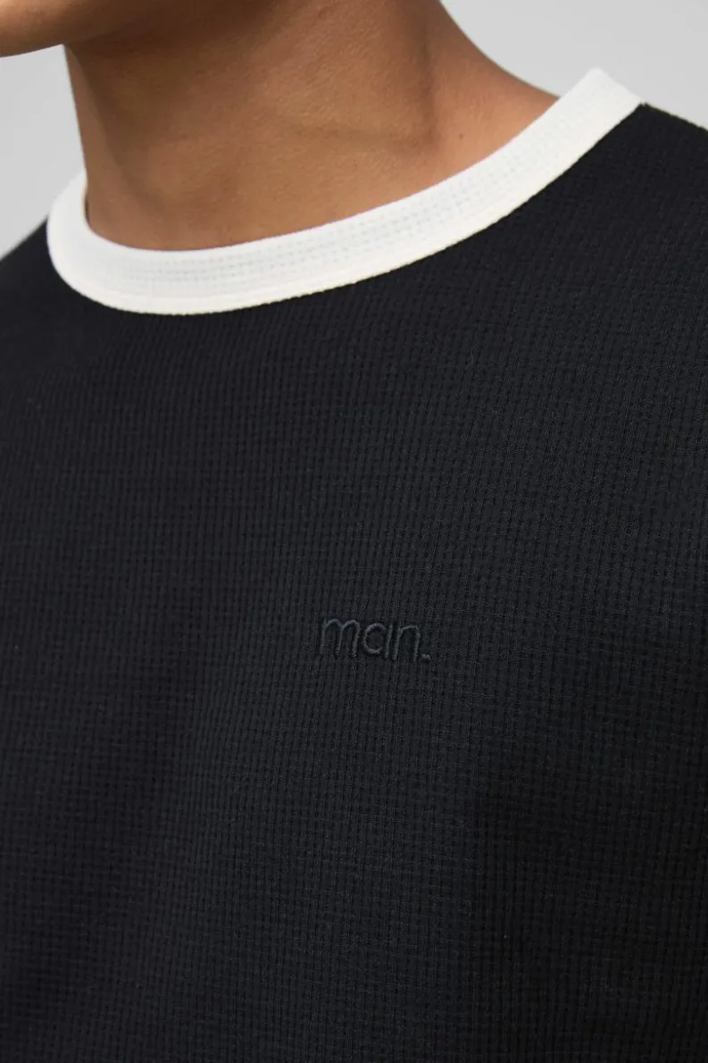 New boohooMAN Man Embroidered Waffle Ringer T-Shirt black