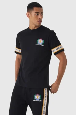 Shop boohooMAN Man Gold Embroidered T-shirt And Jogger Set black
