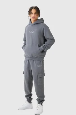 Fashion boohooMAN Man Hooded Cargo Tracksuit charcoal