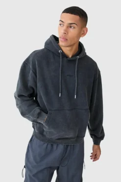 Store boohooMAN Man Oversized Boxy Acid Wash Hoodie charcoal