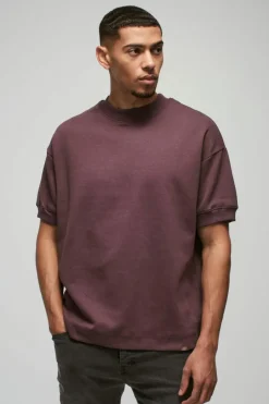 Discount boohooMAN Man Oversized Extended Neck Heavy Interlock Ribbed Cuff T-shirt plum