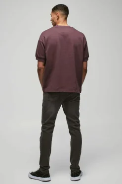 Discount boohooMAN Man Oversized Extended Neck Heavy Interlock Ribbed Cuff T-shirt plum