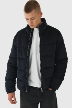 Cheap boohooMAN Man Printed Velour Funnel Neck Puffer In black
