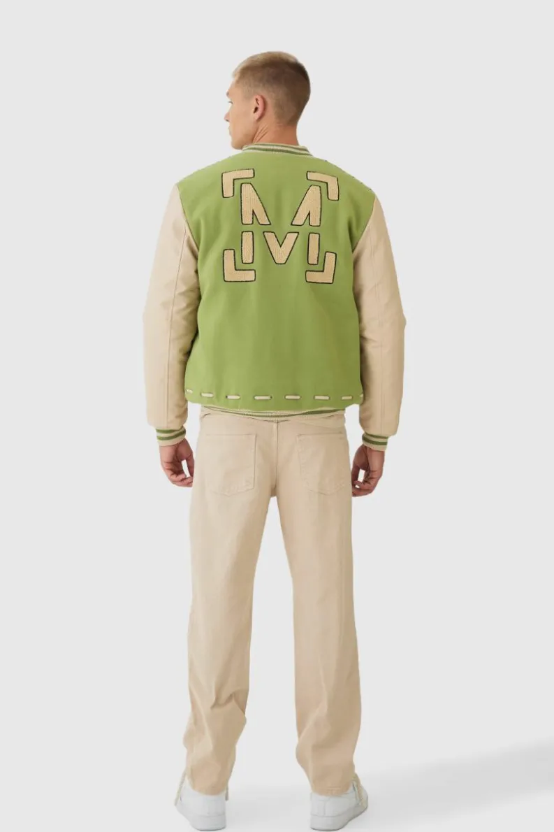Fashion boohooMAN Man Pu Thread Detail Varsity Jacket In green