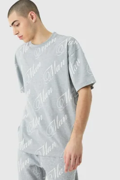New boohooMAN Man Script All Over Print Split Hem T-shirt & Jogger grey marl