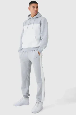 Fashion boohooMAN Man Signature Colour Block Hooded Tracksuit grey marl