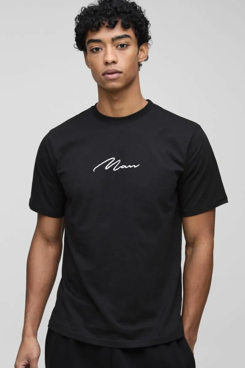 Online boohooMAN Man Signature Embroidered T-shirt black