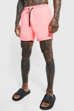 Cheap boohooMAN Man Signature Mid Length Swim Shorts neon-pink