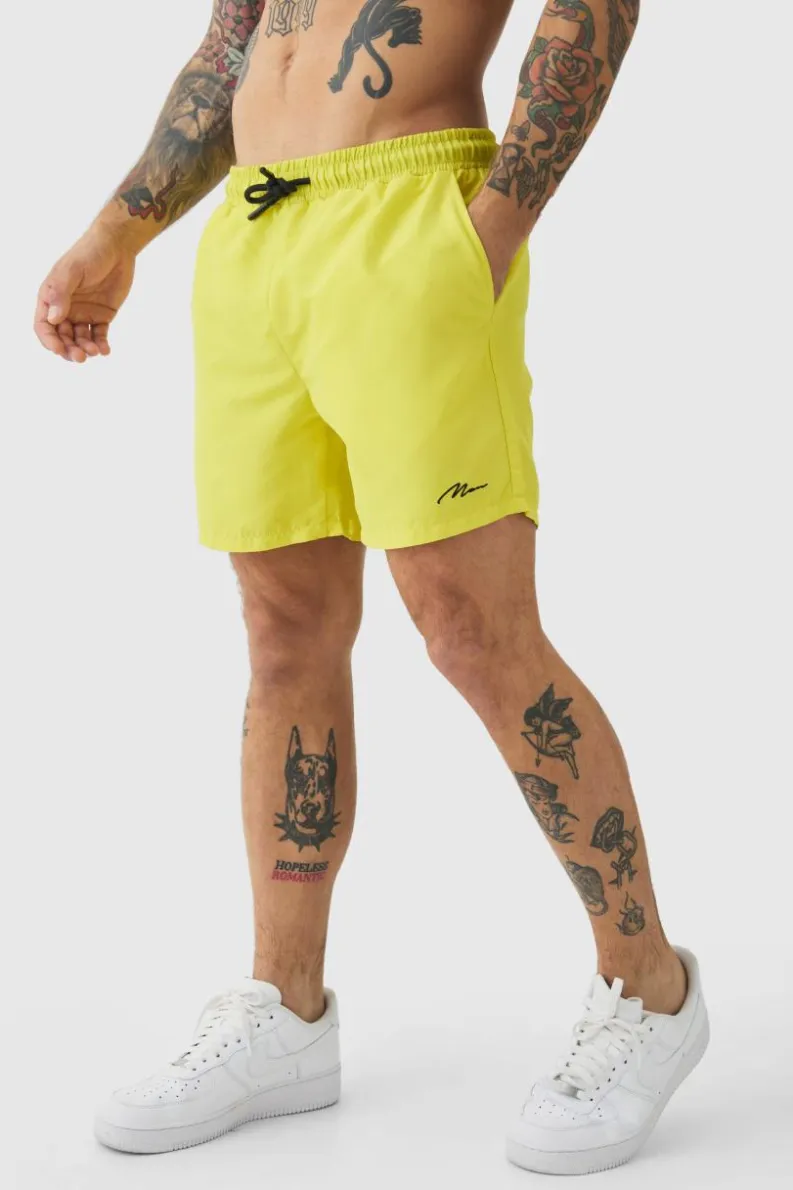 Sale boohooMAN Man Signature Mid Length Swim Shorts neon-yellow