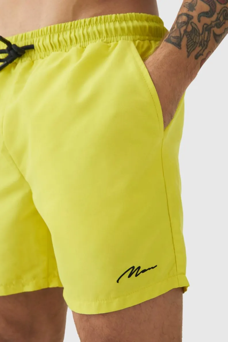 Sale boohooMAN Man Signature Mid Length Swim Shorts neon-yellow