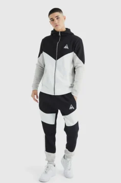 Clearance boohooMAN Man Slim Funnel Hooded Colour Block Tracksuit black