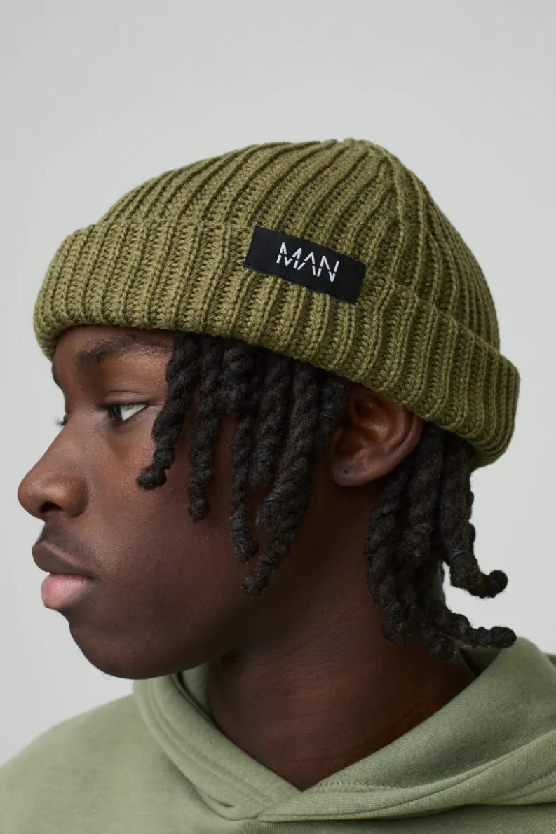 Best boohooMAN Man Tab Beanie olive