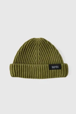 Best boohooMAN Man Tab Beanie olive