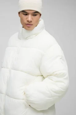 Clearance boohooMAN Man Tab Boxy Heavy Padded Puffer Jacket In ecru
