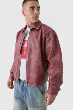 Hot boohooMAN Man Tab Boxy Washed Pu Harrington Jacket In rust