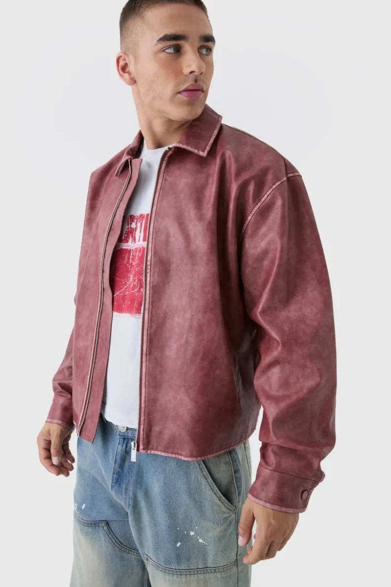 Hot boohooMAN Man Tab Boxy Washed Pu Harrington Jacket In rust