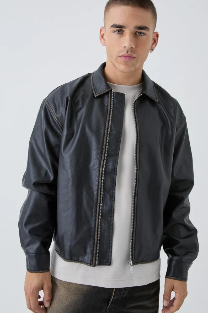 New boohooMAN Man Tab Boxy Washed Pu Harrington Jacket In black
