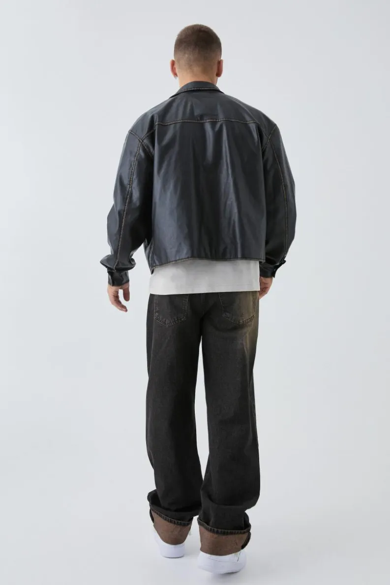 New boohooMAN Man Tab Boxy Washed Pu Harrington Jacket In black