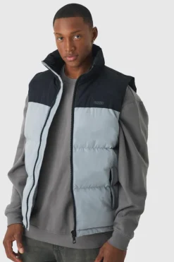 Best Sale boohooMAN Man Tab Colour Block Puffer Funnel Neck Gilet In grey