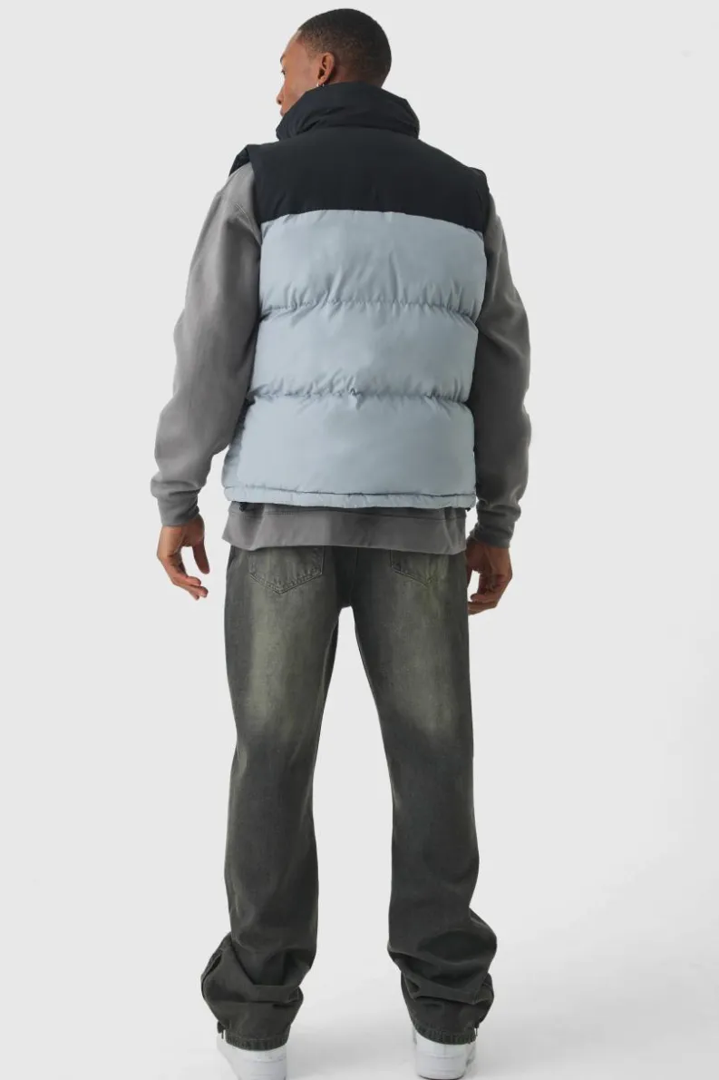 Best Sale boohooMAN Man Tab Colour Block Puffer Funnel Neck Gilet In grey