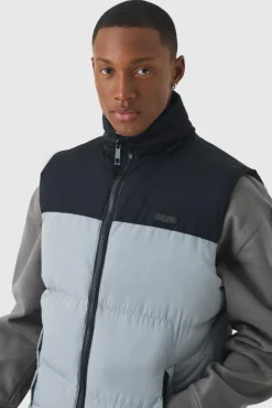 Best Sale boohooMAN Man Tab Colour Block Puffer Funnel Neck Gilet In grey
