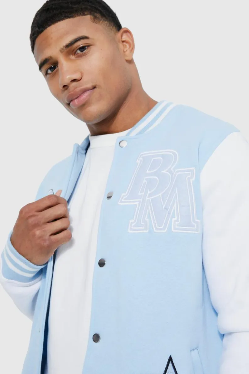 Outlet boohooMAN Members Club Applique Varsity Jacket light blue