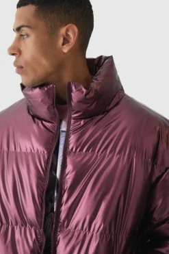 Shop boohooMAN Metallic Funnel Neck Puffer In wine