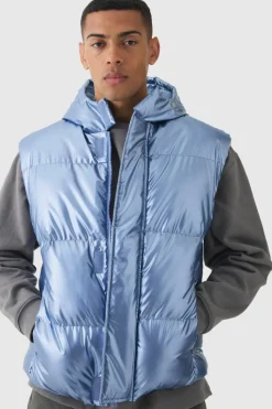 Best Sale boohooMAN Metallic Hooded Puffer Gilet In light blue